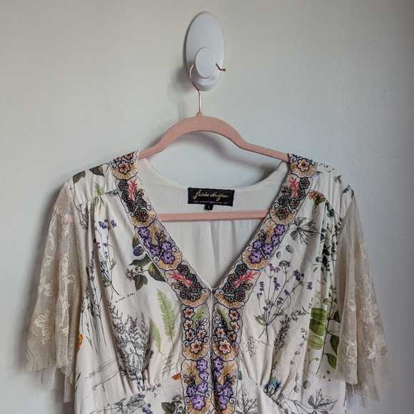 ANTHROPOLOGIE Cream Donna Indian Floral Leaves Bohemian Midi Dress Size Large - Picture 6 of 15